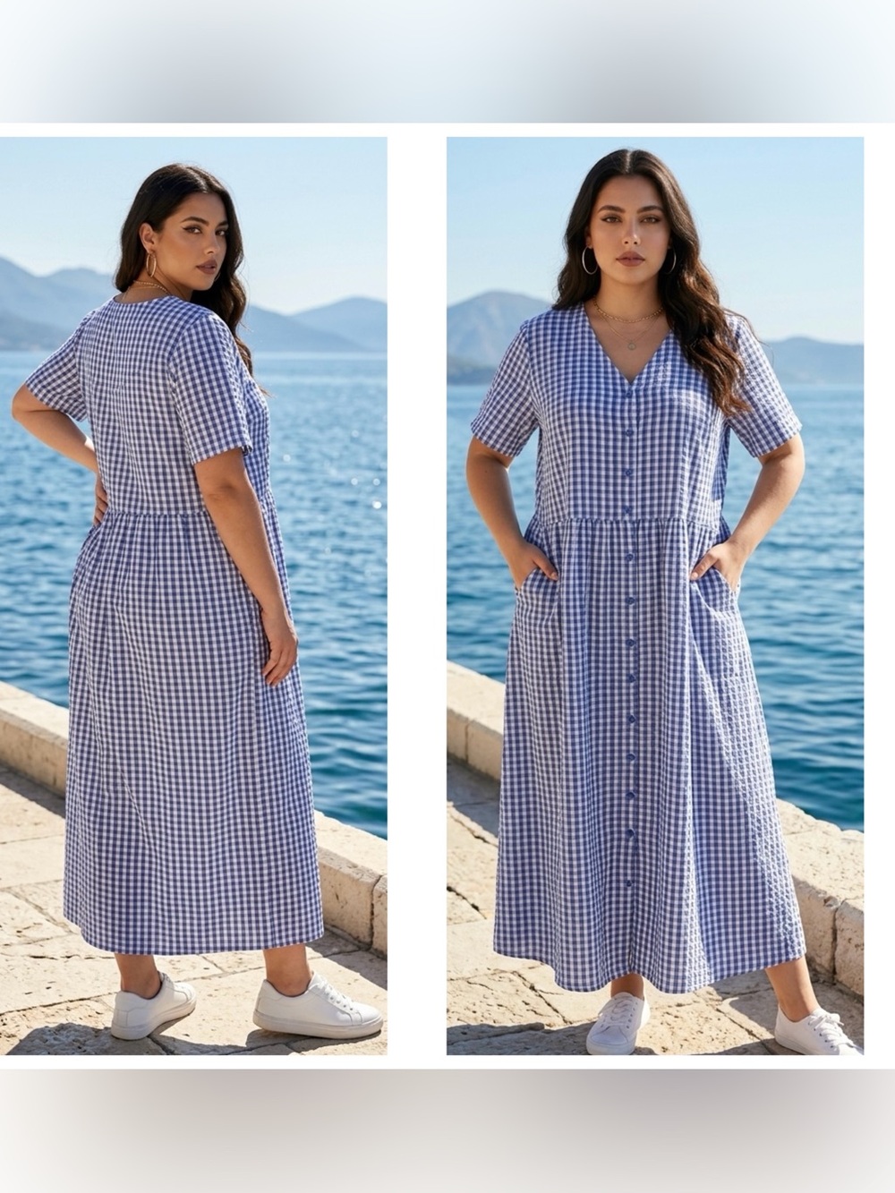 Only Necessities Women’s 1X Blue Gingham Button-Front Maxi Shift Dress